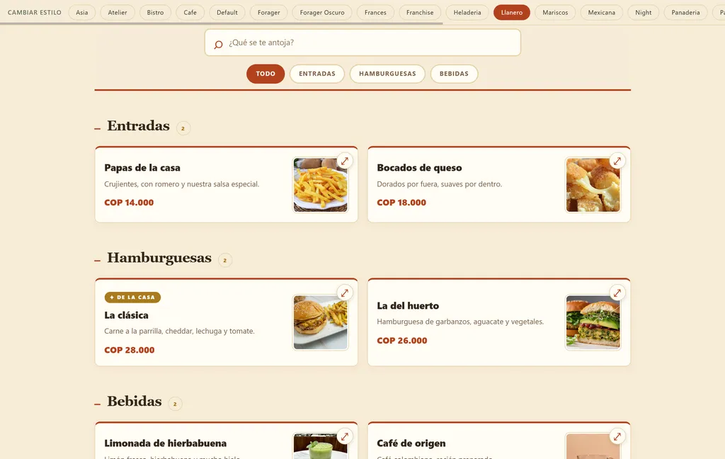 Captura real de los platos del menú en escritorio