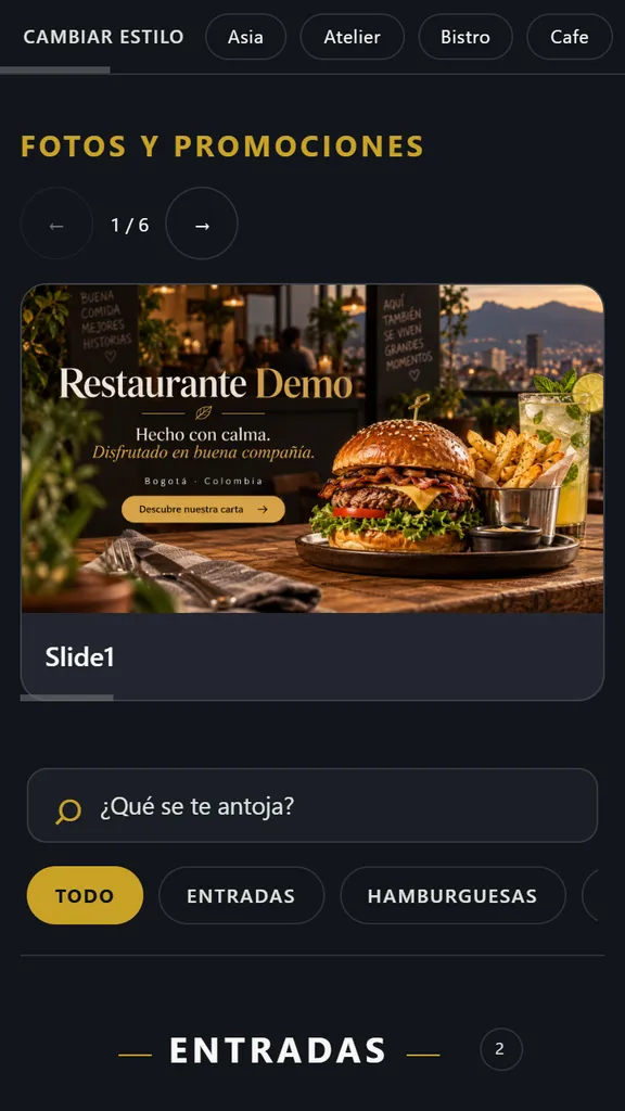 Captura real del menú de demostración en móvil